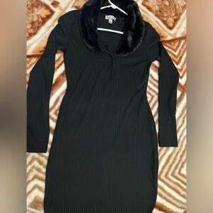 Faux fur collared black dress